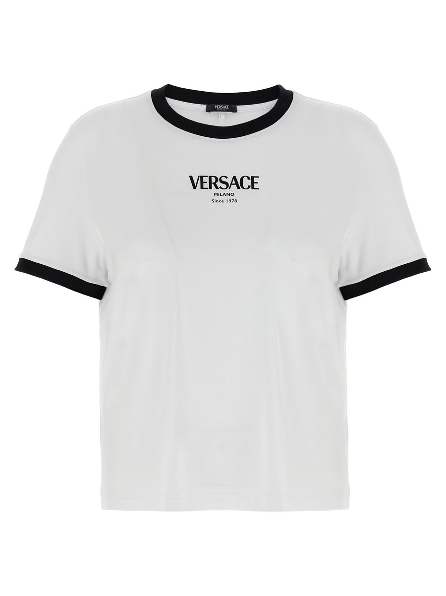 Versace Logo T Shirt Women White Black Viscose Stretch Jersey Round Neck Short Sleeve Luxury Top