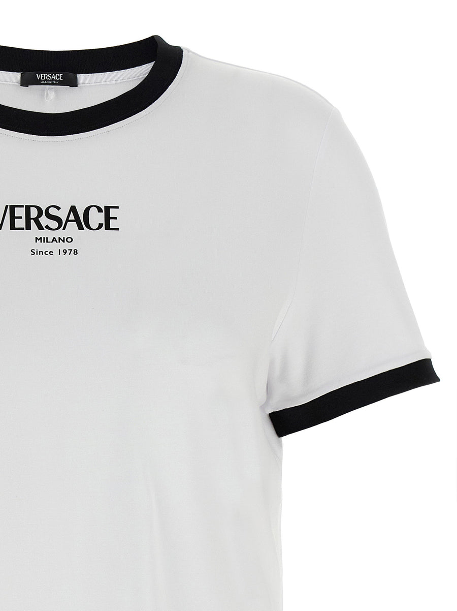 Versace Logo T Shirt Women White Black Viscose Stretch Jersey Round Neck Short Sleeve Luxury Top