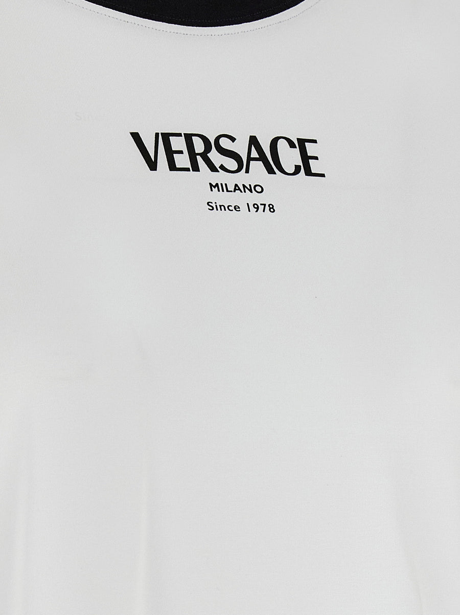 Versace Logo T Shirt Women White Black Viscose Stretch Jersey Round Neck Short Sleeve Luxury Top