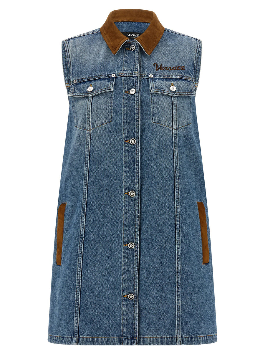 Versace Blue Aline Denim Dress For Women Polished Casual Luxe Front Logo Embroidery Spring Summer 2026