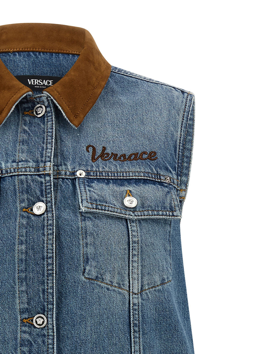 Versace Blue Aline Denim Dress For Women Polished Casual Luxe Front Logo Embroidery Spring Summer 2026
