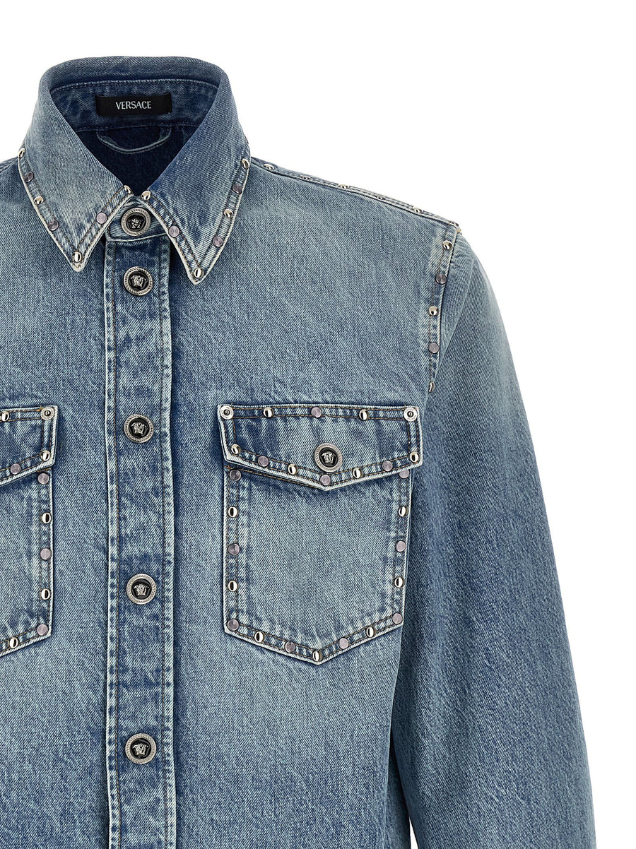 Versace Medusa Shirt for Women Luxurious Stonewashed 100 Percent Cotton Denim with Medusa Hardware