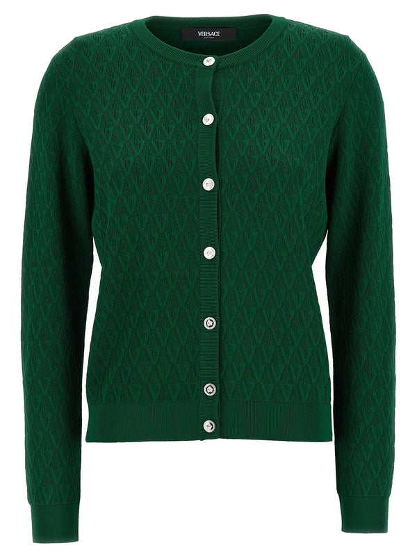 Versace Cardigan Pattern V for Women, Luxurious Green Jacquard Knit with Medusa Button Closure