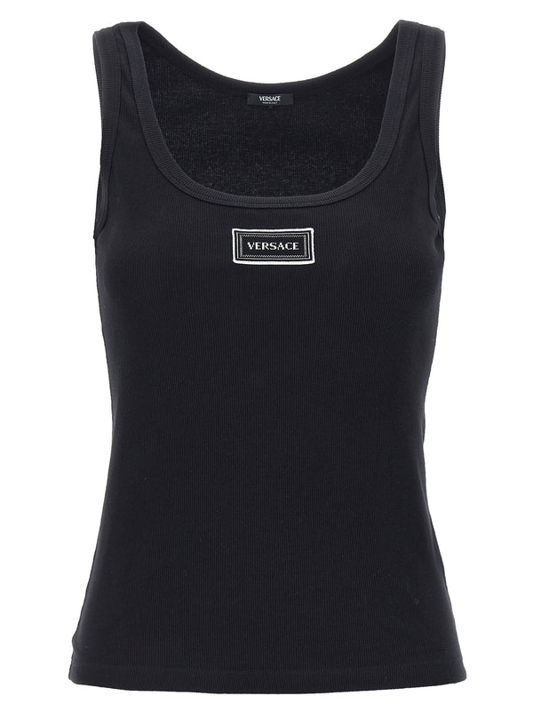Versace 90s Vintage Logo Tank Top For Women Black Ribbed Cotton With Jacquard Patch