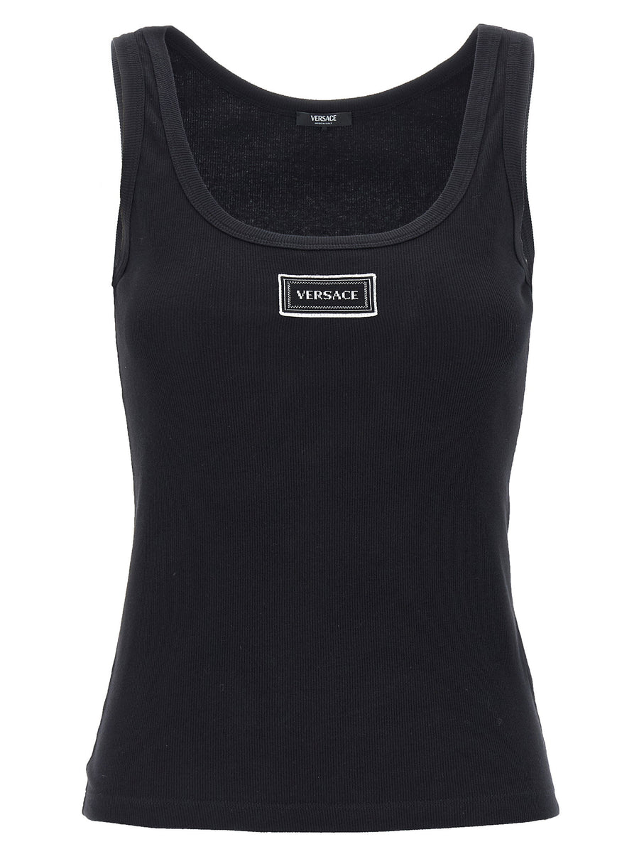 Versace 90s Vintage Logo Tank Top For Women Black Ribbed Cotton With Jacquard Patch