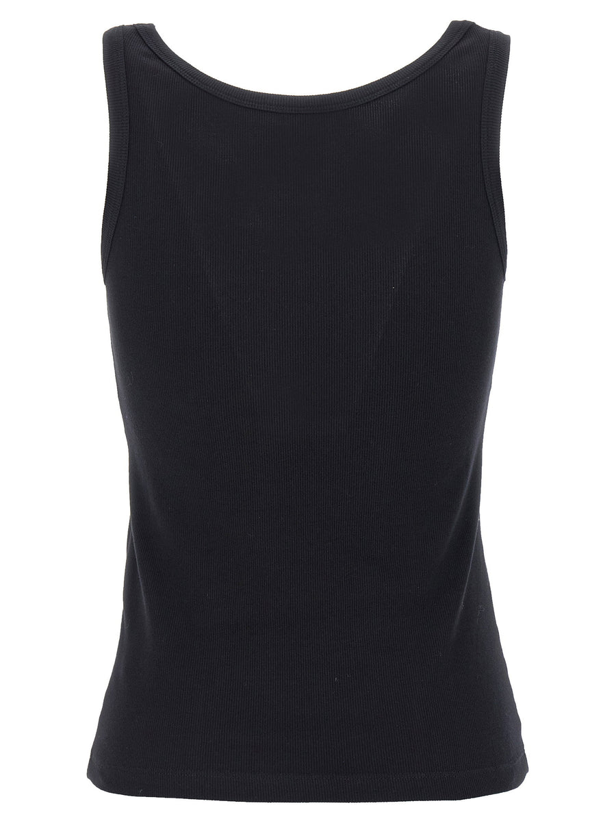 Versace 90s Vintage Logo Tank Top For Women Black Ribbed Cotton With Jacquard Patch