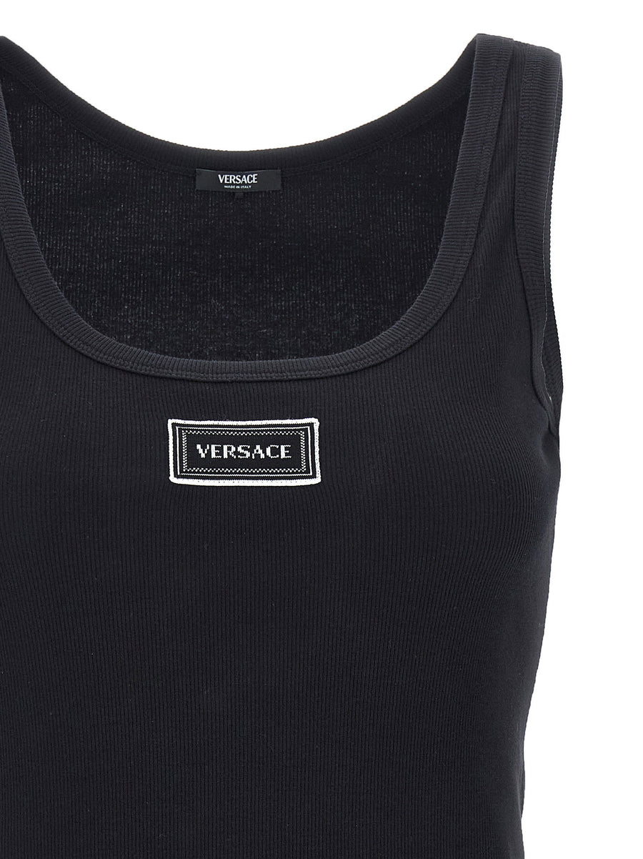 Versace 90s Vintage Logo Tank Top For Women Black Ribbed Cotton With Jacquard Patch