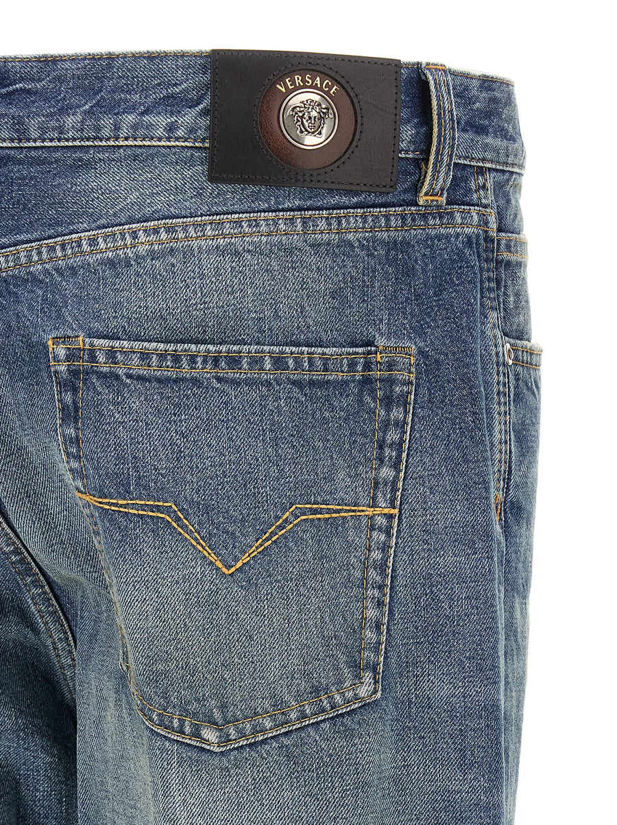 Versace Distressed Jeans for Men Blue 100 Percent Cotton Straight Leg
