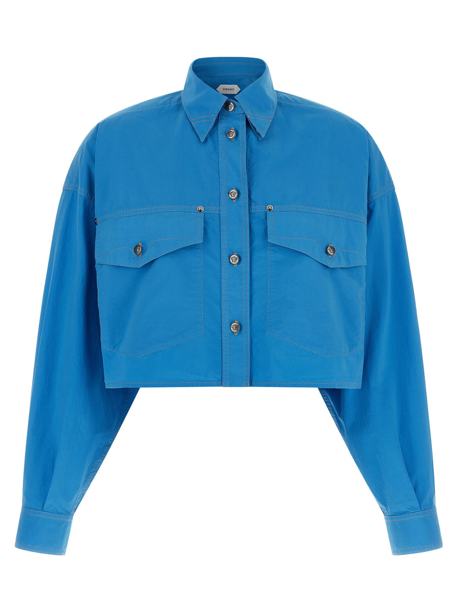 Versace Medusa Button Shirt Blue 100 Percent Cotton Cropped Fit Women
