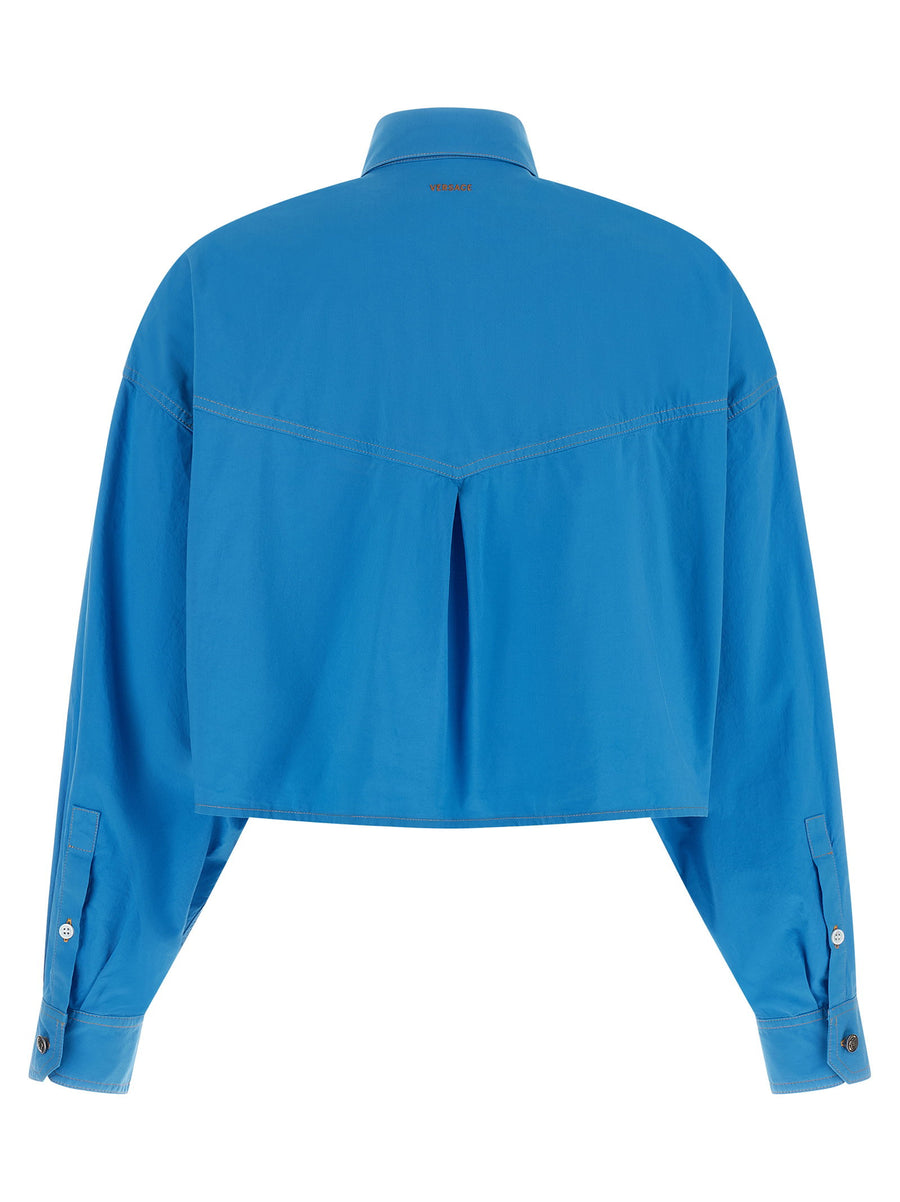 Versace Medusa Button Shirt Blue 100 Percent Cotton Cropped Fit Women