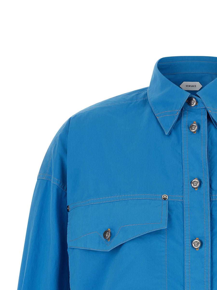 Versace Medusa Button Shirt Blue 100 Percent Cotton Cropped Fit Women