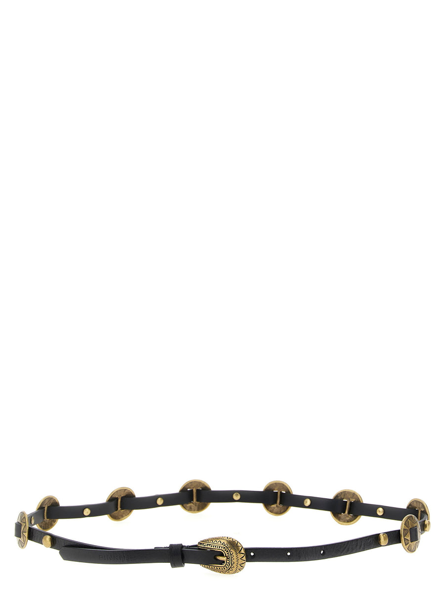 Pinko Engraved Plaque Belt For Women Slim Calfskin Leather With Vintage Brass Plaques Timeless Elegant