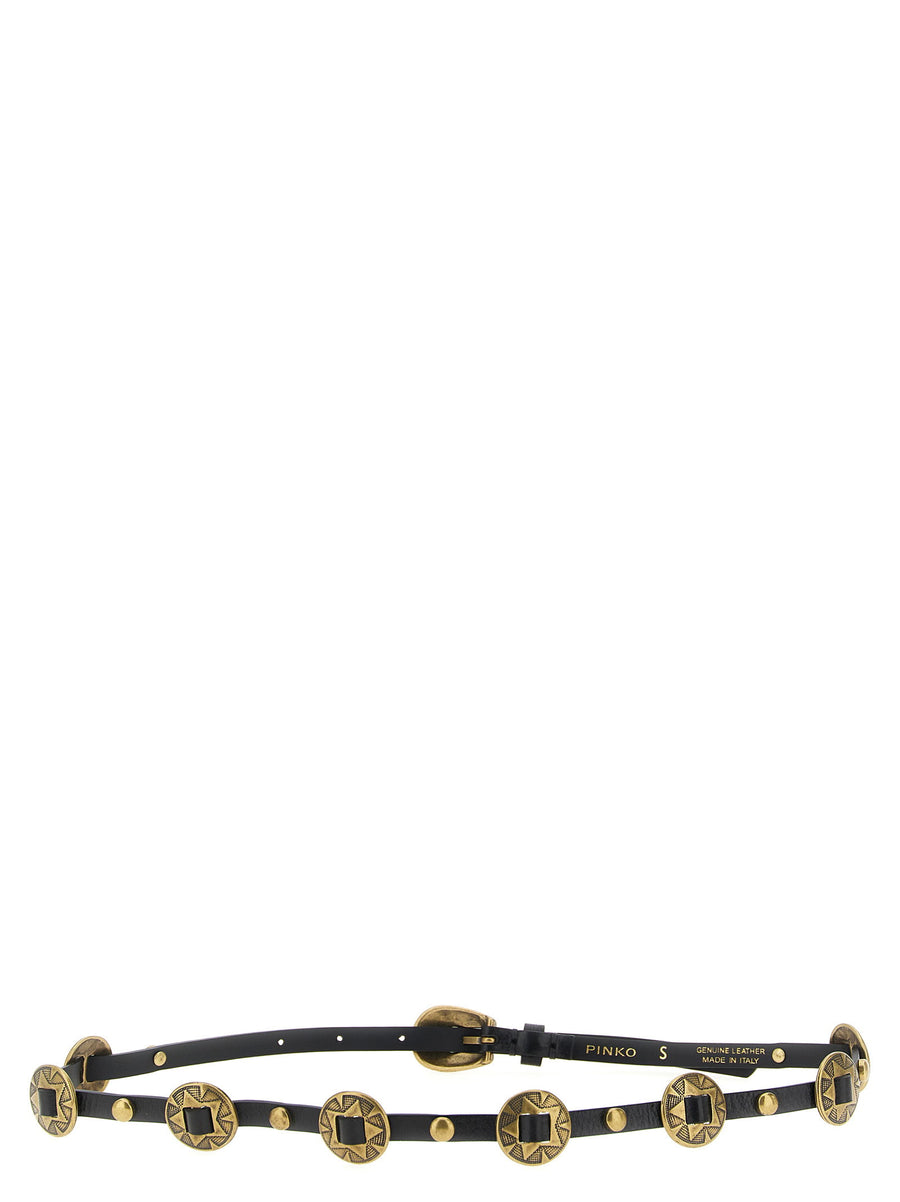 Pinko Engraved Plaque Belt For Women Slim Calfskin Leather With Vintage Brass Plaques Timeless Elegant