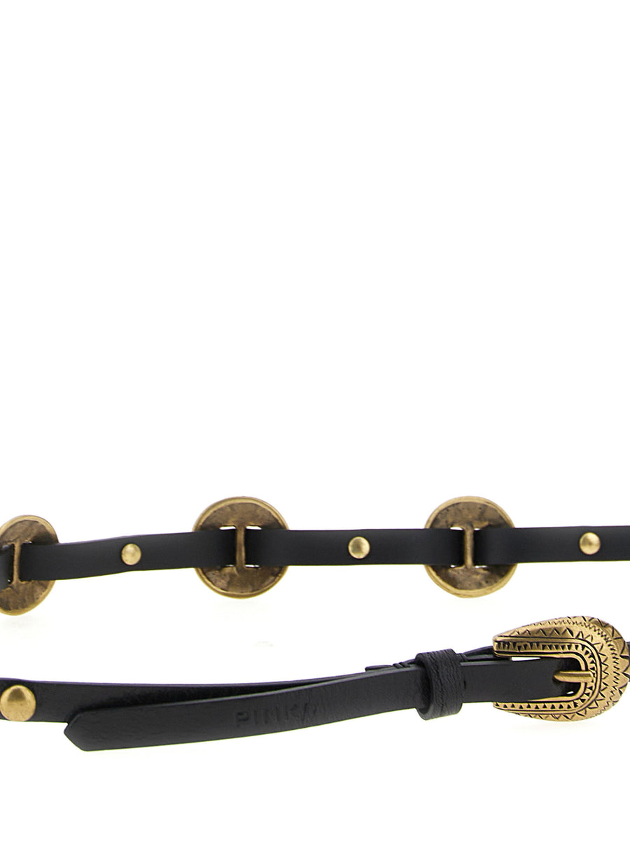 Pinko Engraved Plaque Belt For Women Slim Calfskin Leather With Vintage Brass Plaques Timeless Elegant