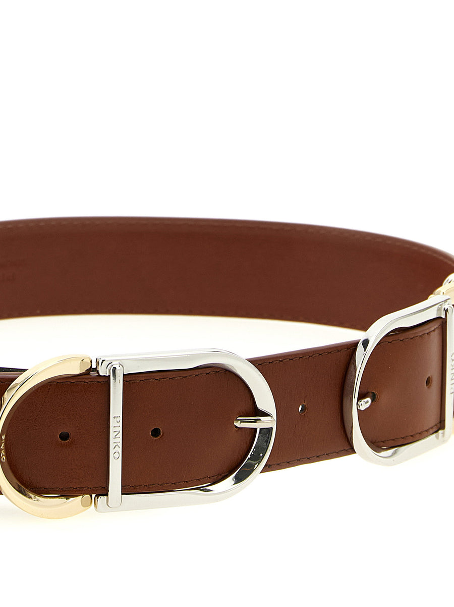 Pinko Hippolita Belt Brown Lamb Leather 4 Cm Width For Women With Premium Multi Metal Buckle
