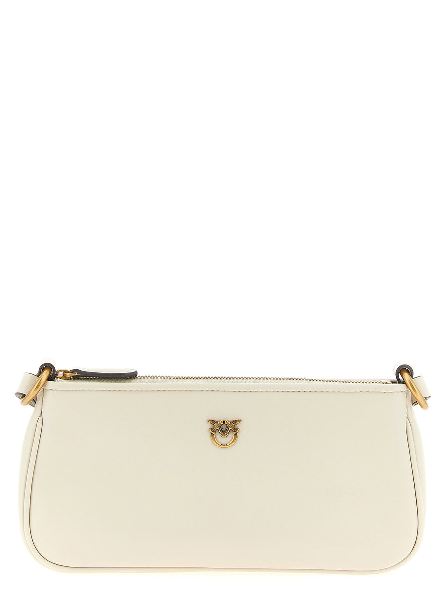 Pinko Half Moon Mini Crossbody Bag White Leather For Women Chic Compact Hands Free Accessory With Love Birds Plaque