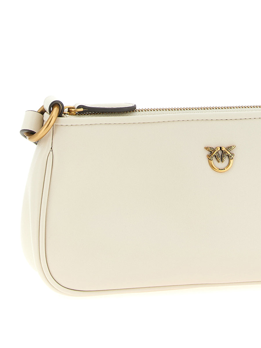 Pinko Half Moon Mini Crossbody Bag White Leather For Women Chic Compact Hands Free Accessory With Love Birds Plaque