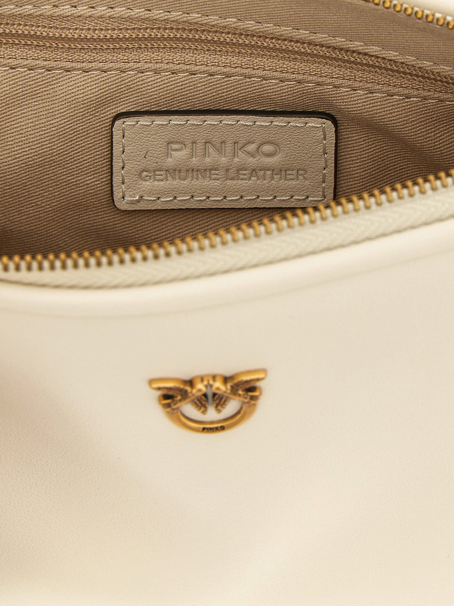 Pinko Half Moon Mini Crossbody Bag White Leather For Women Chic Compact Hands Free Accessory With Love Birds Plaque