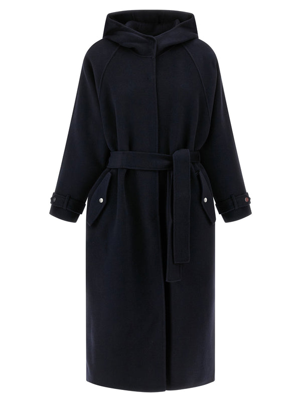 Pinko Cartoccio Blue Nylon Coat With Hood Front Snap Closure Removable Belt