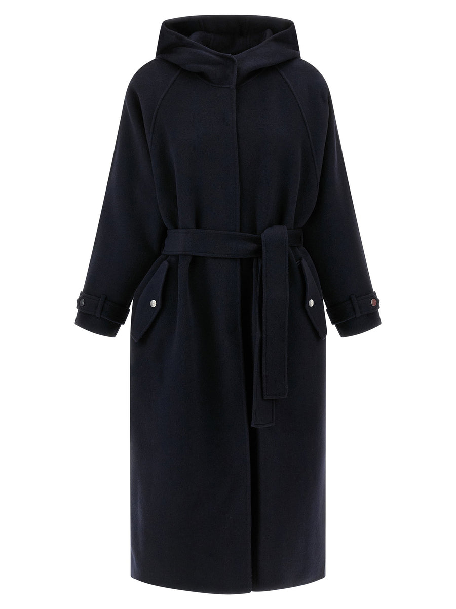 Pinko Cartoccio Blue Nylon Coat With Hood Front Snap Closure Removable Belt