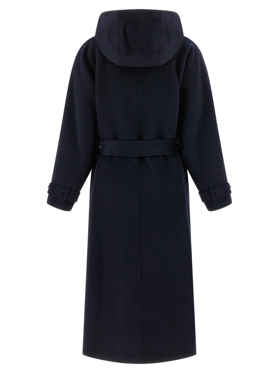 Pinko Cartoccio Blue Nylon Coat With Hood Front Snap Closure Removable Belt
