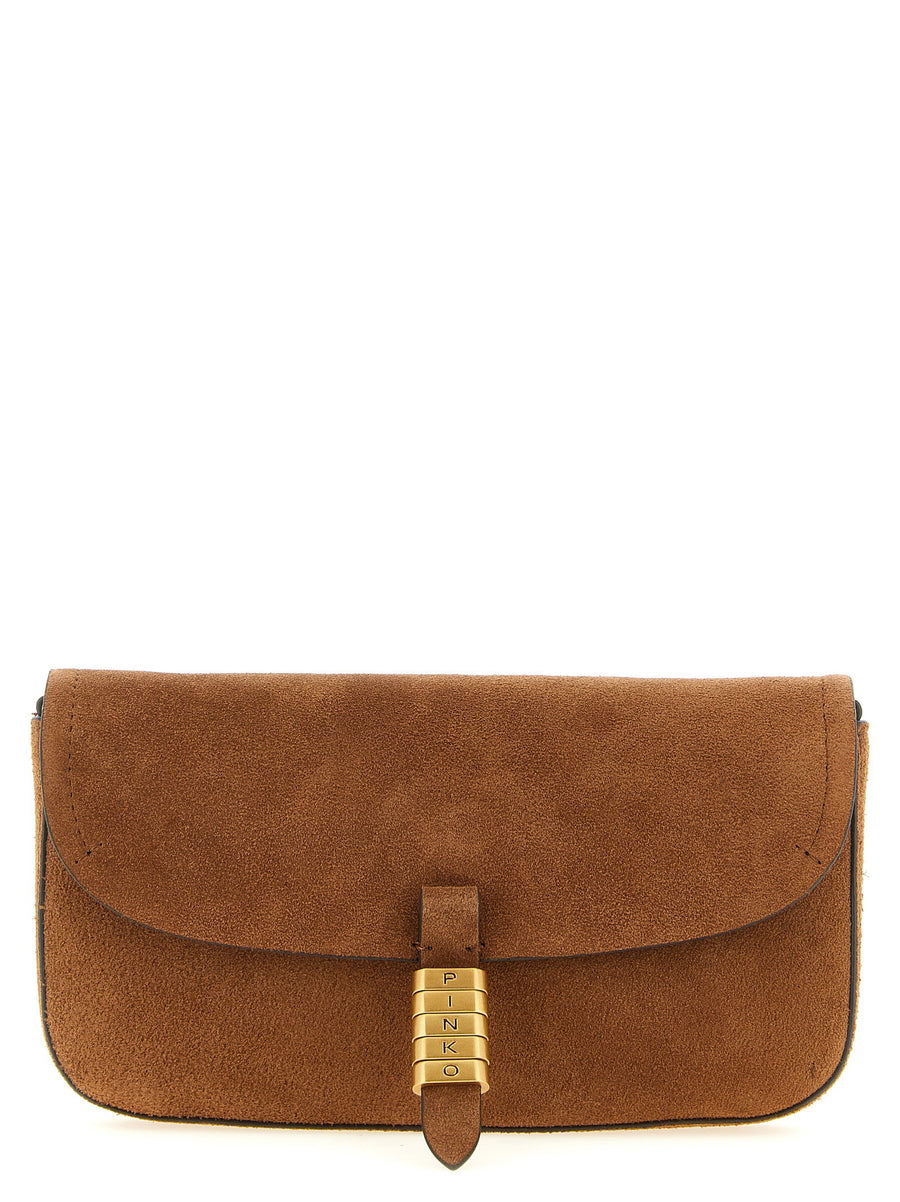 Pinko Saddle Flat Medium Shoulder Bag For Women Brown Leather With Magnetic Closure And Front Strap