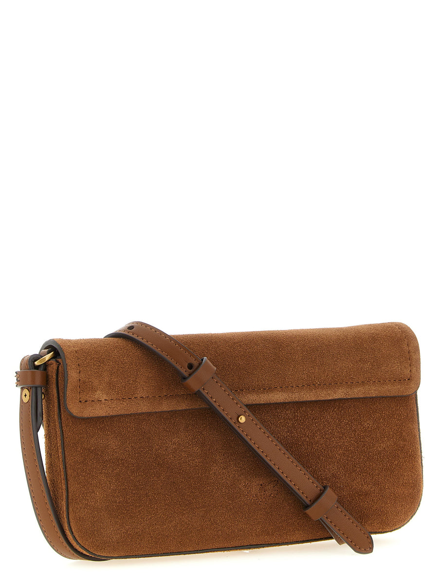 Pinko Saddle Flat Medium Shoulder Bag For Women Brown Leather With Magnetic Closure And Front Strap