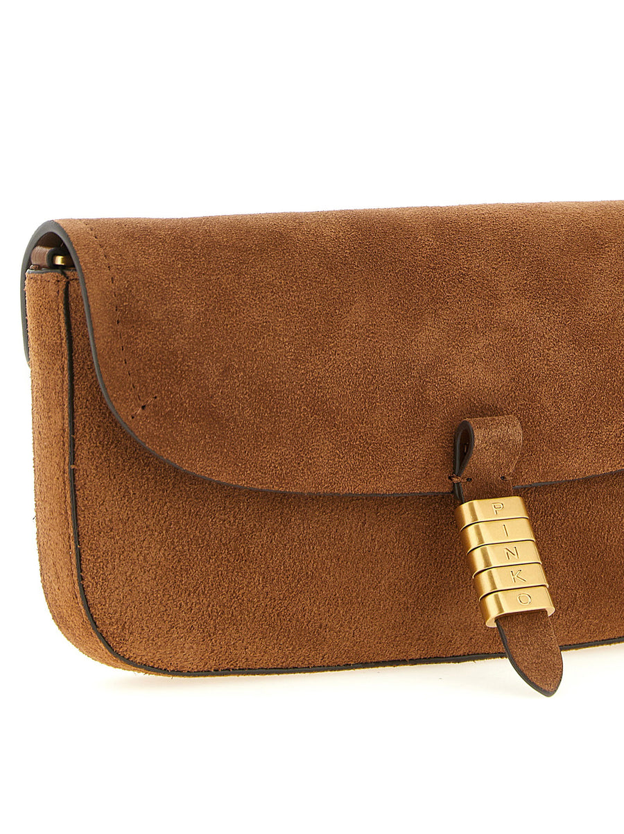 Pinko Saddle Flat Medium Shoulder Bag For Women Brown Leather With Magnetic Closure And Front Strap
