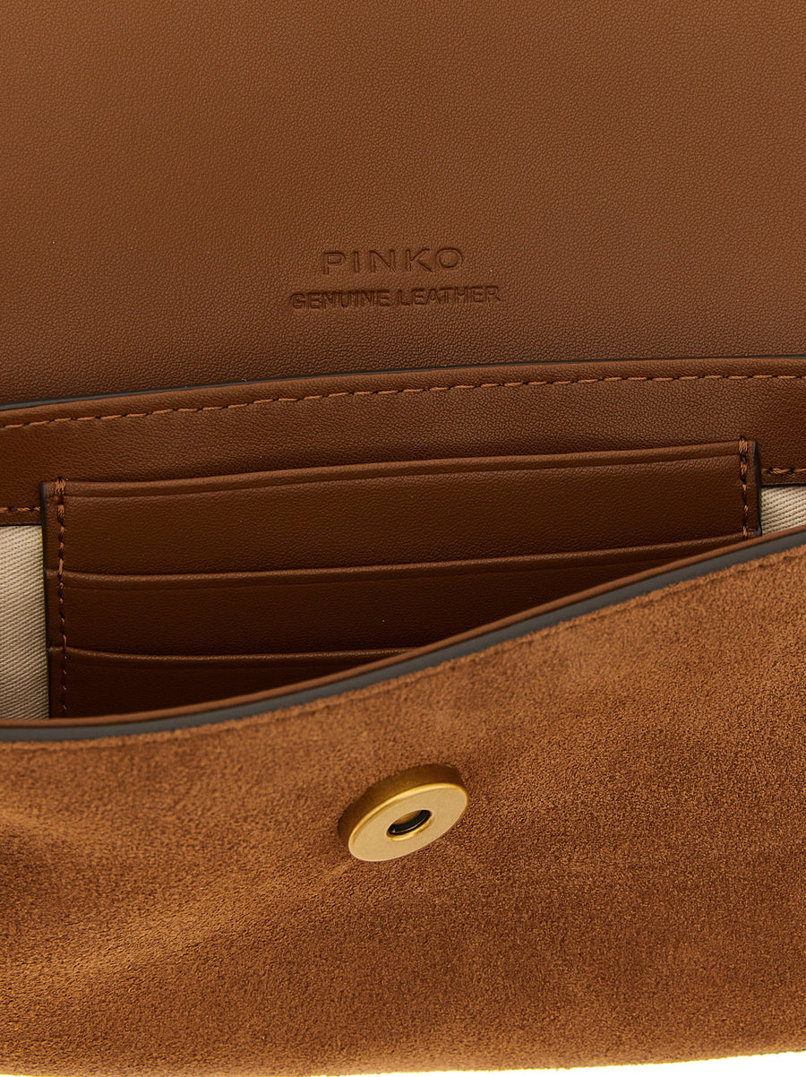 Pinko Saddle Flat Medium Shoulder Bag For Women Brown Leather With Magnetic Closure And Front Strap