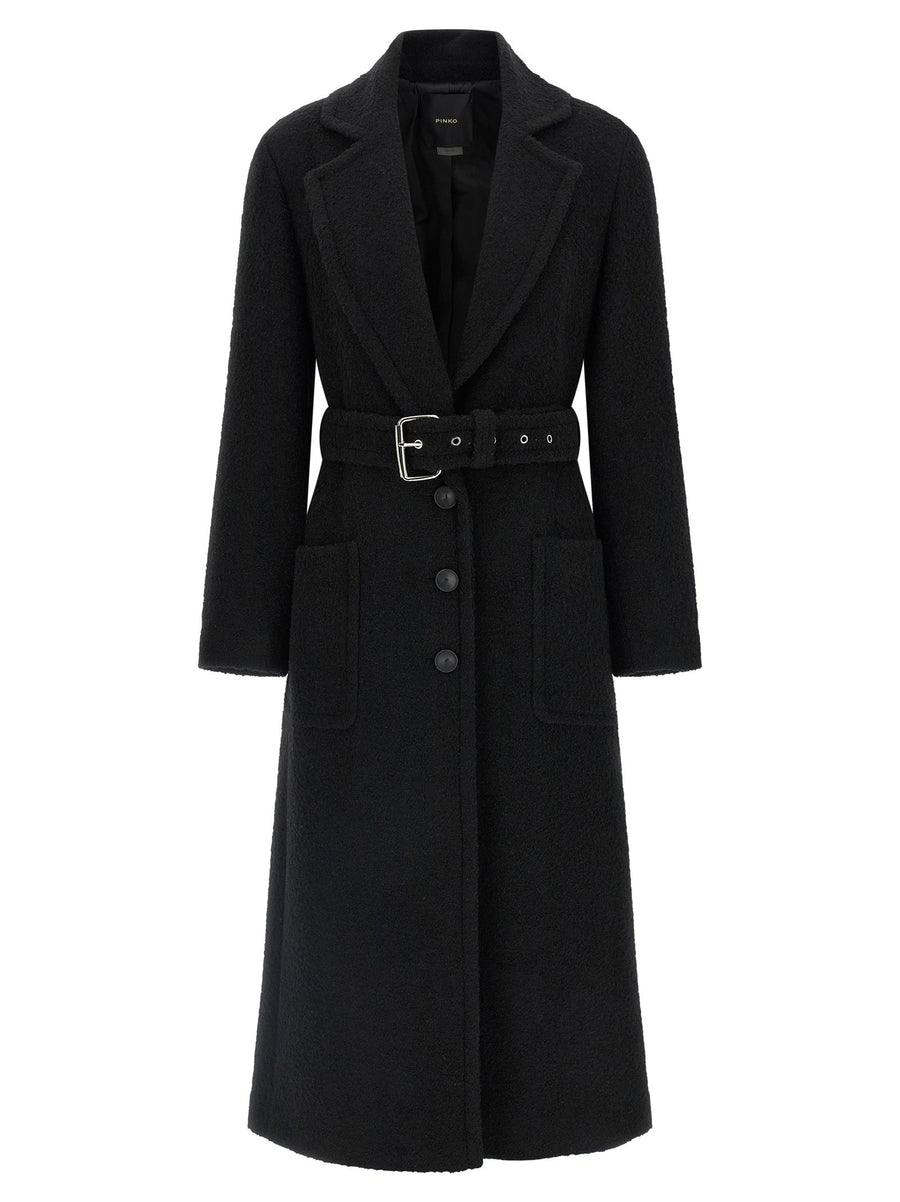 Pinko Cerfoglio Black Wool Boucle Coat Long With Belt Front Button Closure