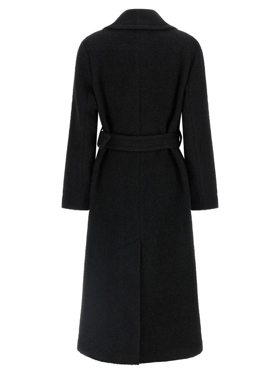 Pinko Cerfoglio Black Wool Boucle Coat Long With Belt Front Button Closure