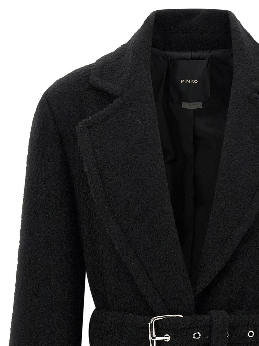 Pinko Cerfoglio Black Wool Boucle Coat Long With Belt Front Button Closure
