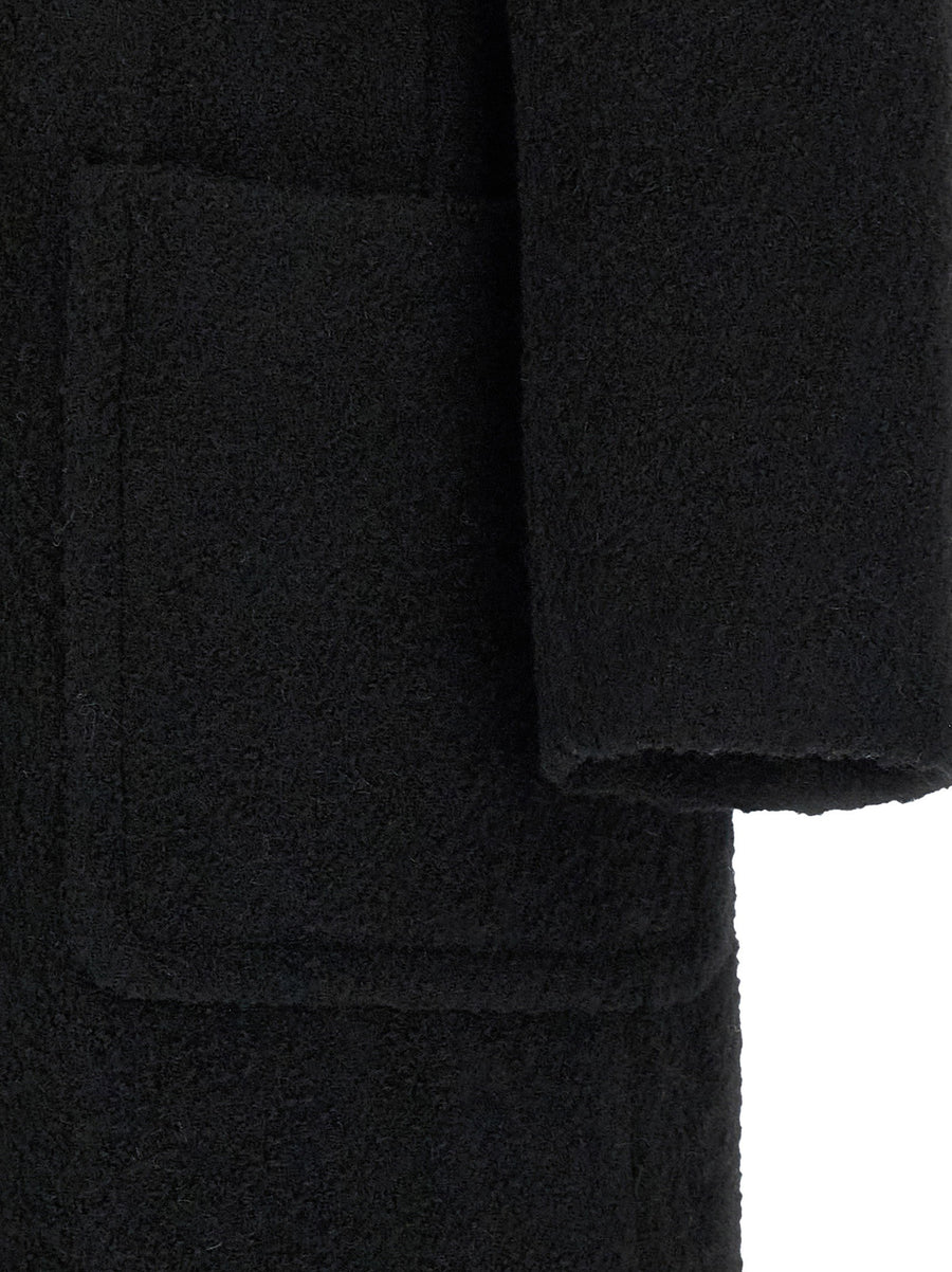 Pinko Cerfoglio Black Wool Boucle Coat Long With Belt Front Button Closure