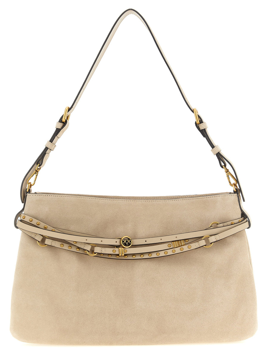 Pinko Belt Large Shoulder Bag For Women With Belt Detail In Delave Denim Beige Statement Bag