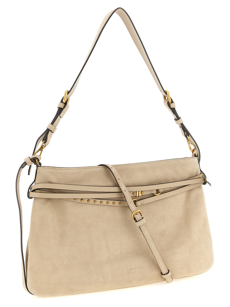 Pinko Belt Large Shoulder Bag For Women With Belt Detail In Delave Denim Beige Statement Bag