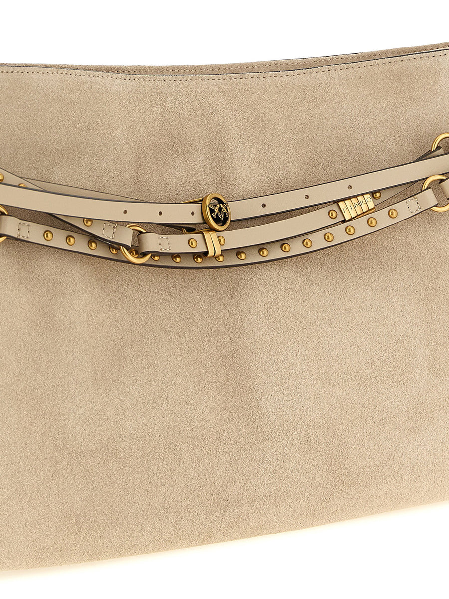 Pinko Belt Large Shoulder Bag For Women With Belt Detail In Delave Denim Beige Statement Bag