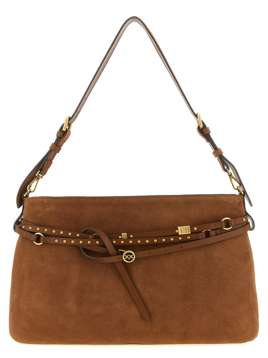Pinko Belt Large Suede Shoulder Bag For Women With Belt Detail Two Compartments And Spacious Interior