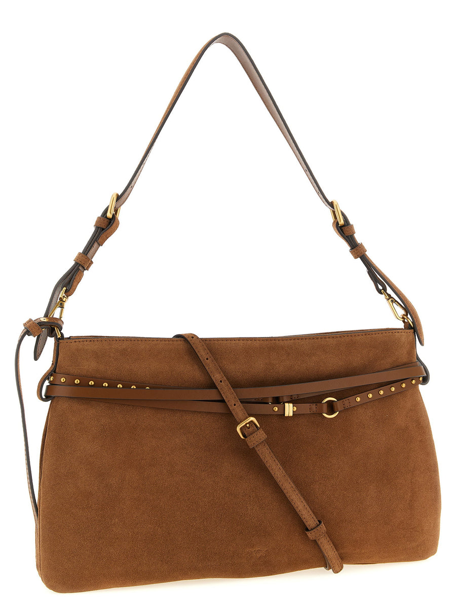 Pinko Belt Large Suede Shoulder Bag For Women With Belt Detail Two Compartments And Spacious Interior