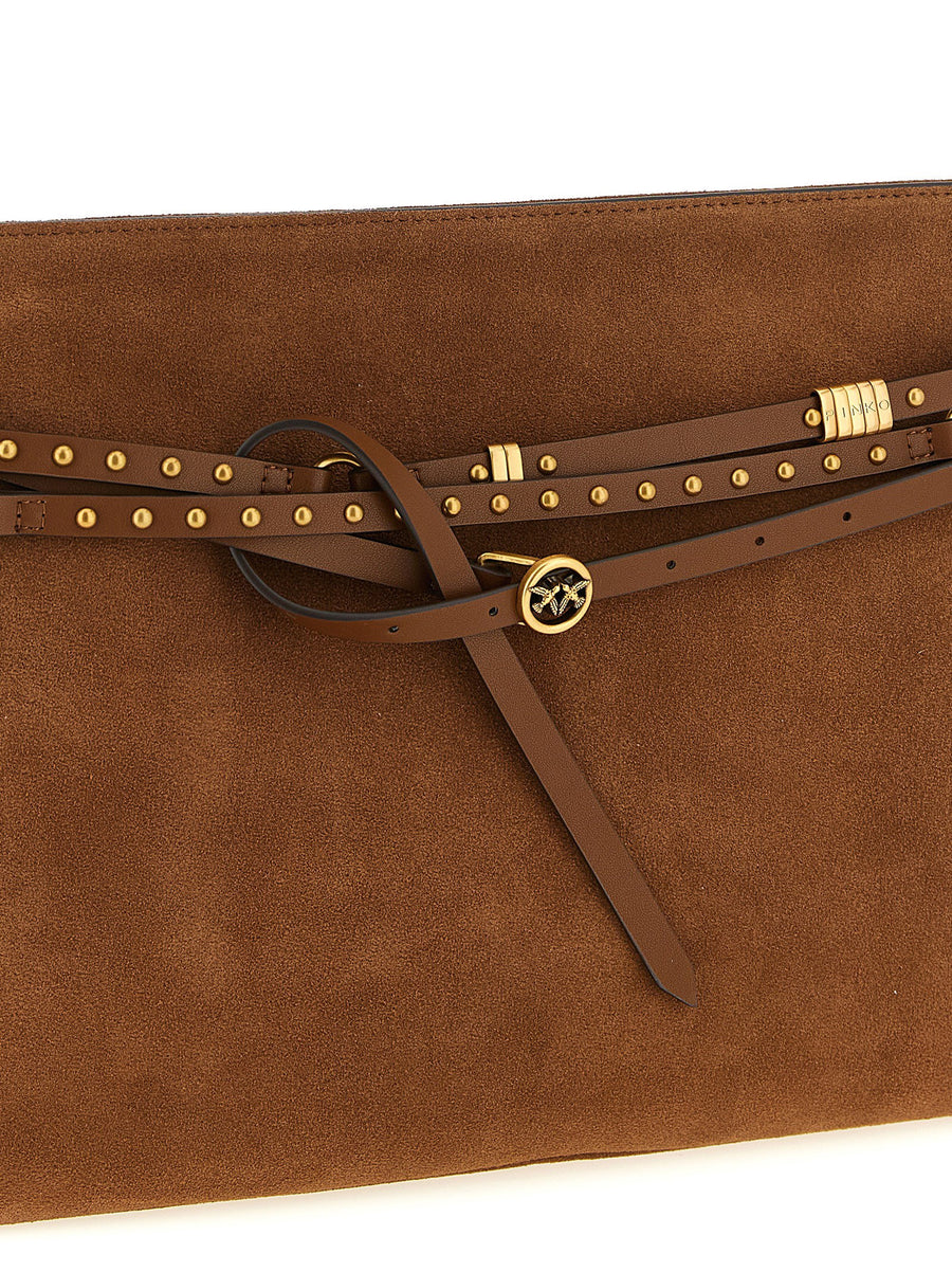 Pinko Belt Large Suede Shoulder Bag For Women With Belt Detail Two Compartments And Spacious Interior