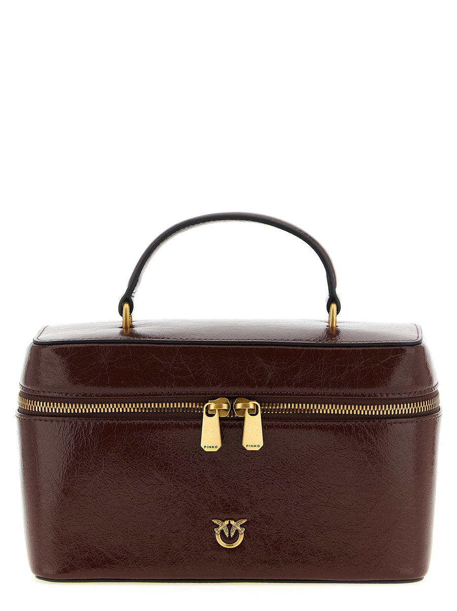 Pinko Brown Crumpled Calfskin Leather Handbag With Love Birds Logo