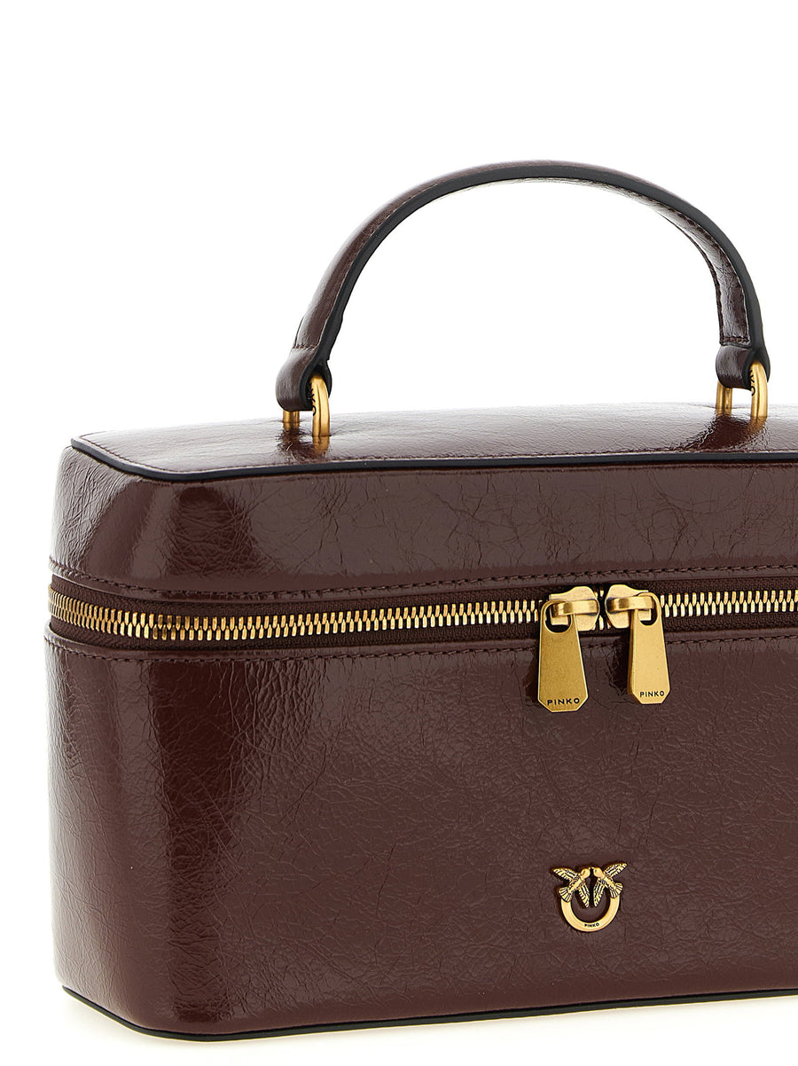 Pinko Brown Crumpled Calfskin Leather Handbag With Love Birds Logo