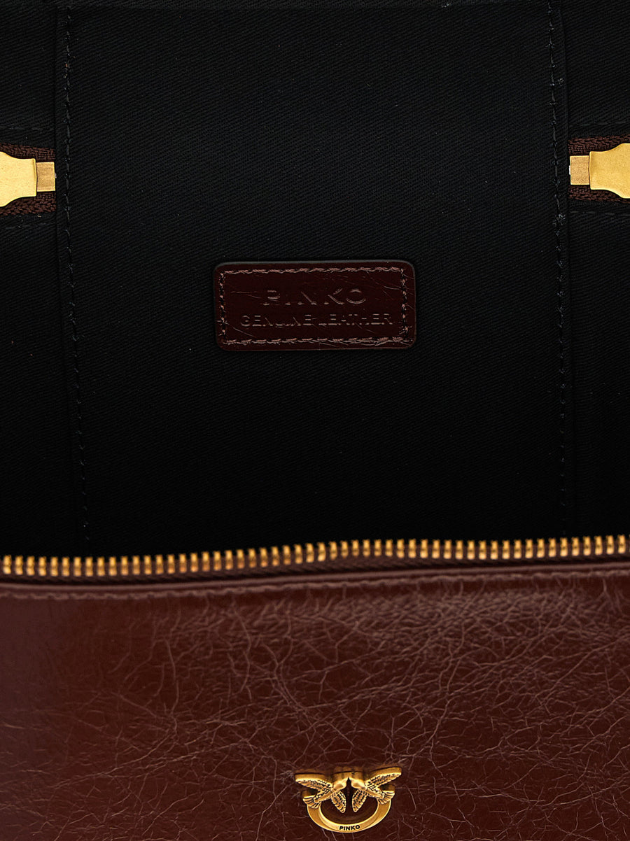 Pinko Brown Crumpled Calfskin Leather Handbag With Love Birds Logo