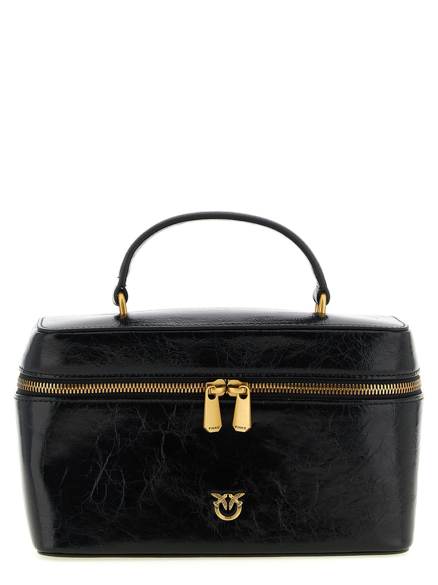 Pinko Black Calfskin Leather Handbag With Crumpled Effect Top Handle