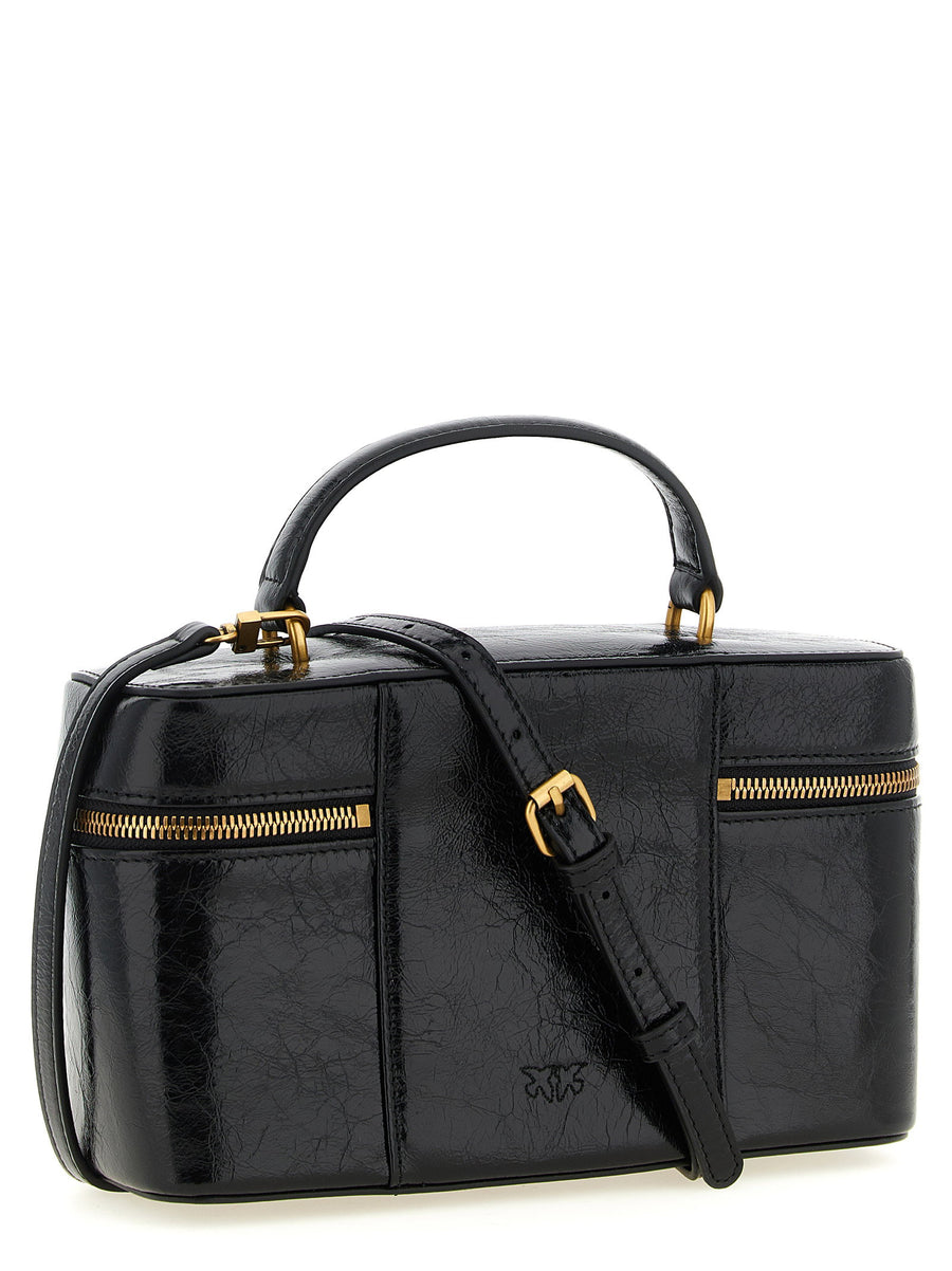 Pinko Black Calfskin Leather Handbag With Crumpled Effect Top Handle