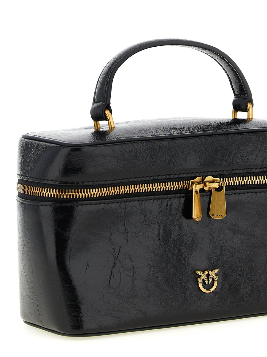 Pinko Black Calfskin Leather Handbag With Crumpled Effect Top Handle