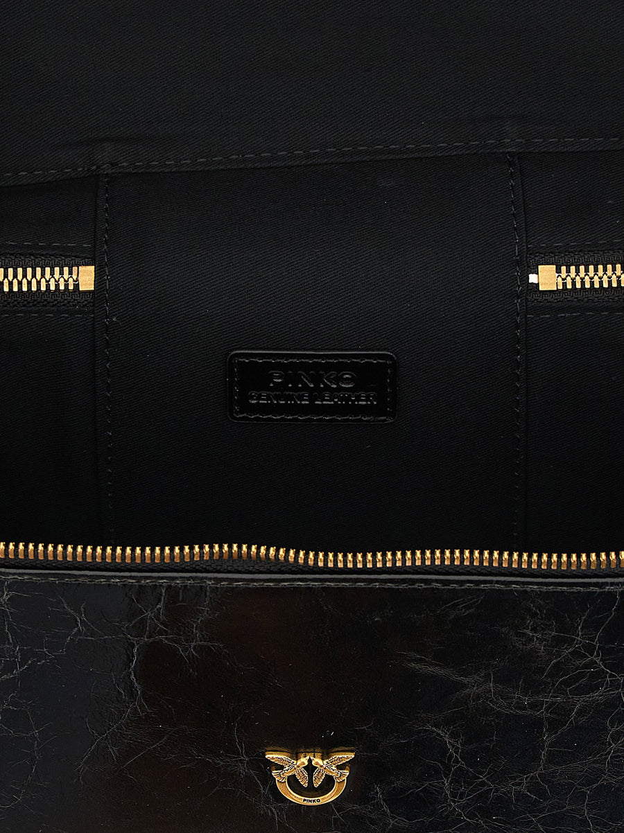 Pinko Black Calfskin Leather Handbag With Crumpled Effect Top Handle