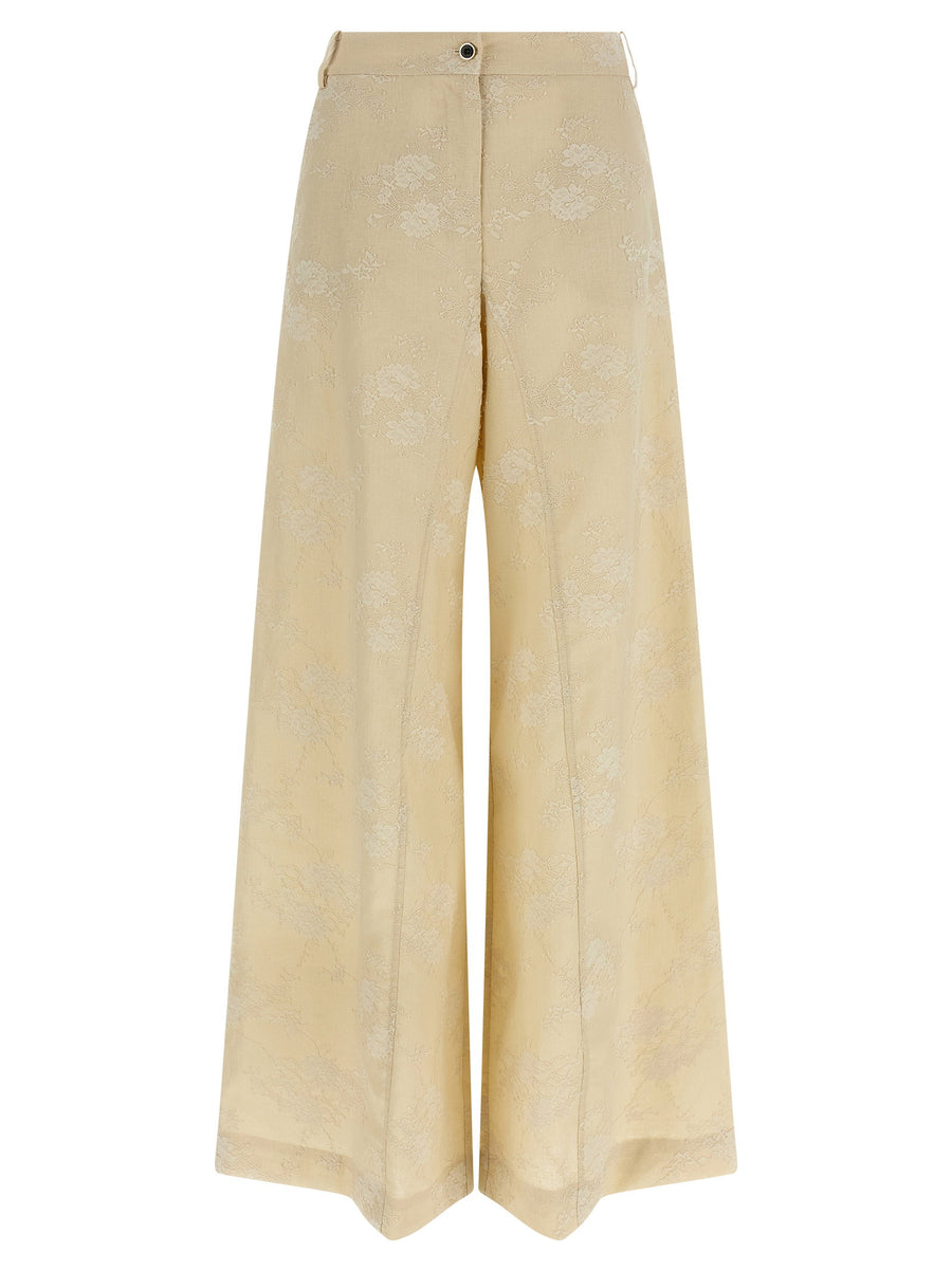 Pinko Ivy Linen Pants For Women Beige 100 Percent Linen With Overlapping Lace Panel Detail For Resort Chic