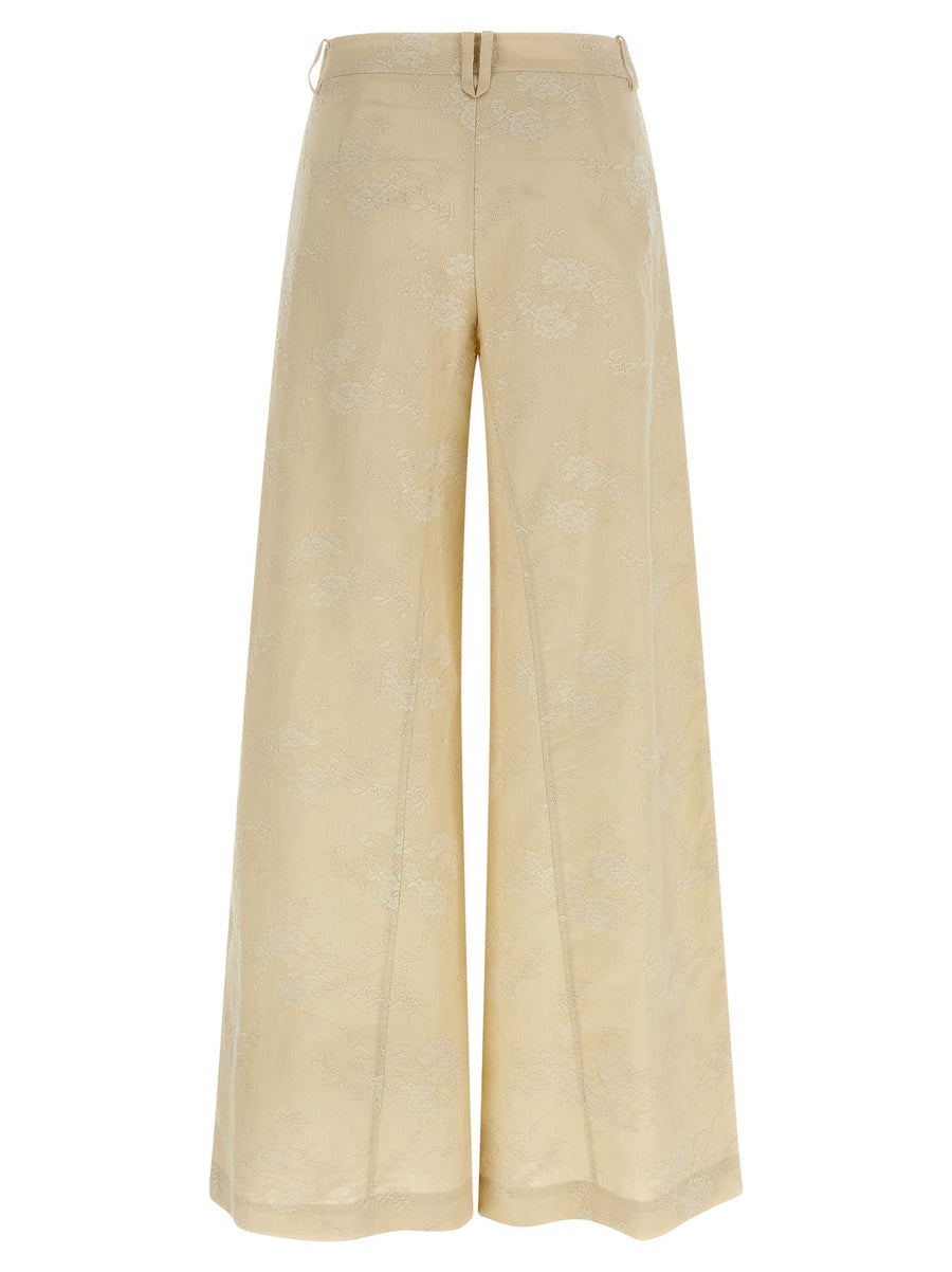 Pinko Ivy Linen Pants For Women Beige 100 Percent Linen With Overlapping Lace Panel Detail For Resort Chic