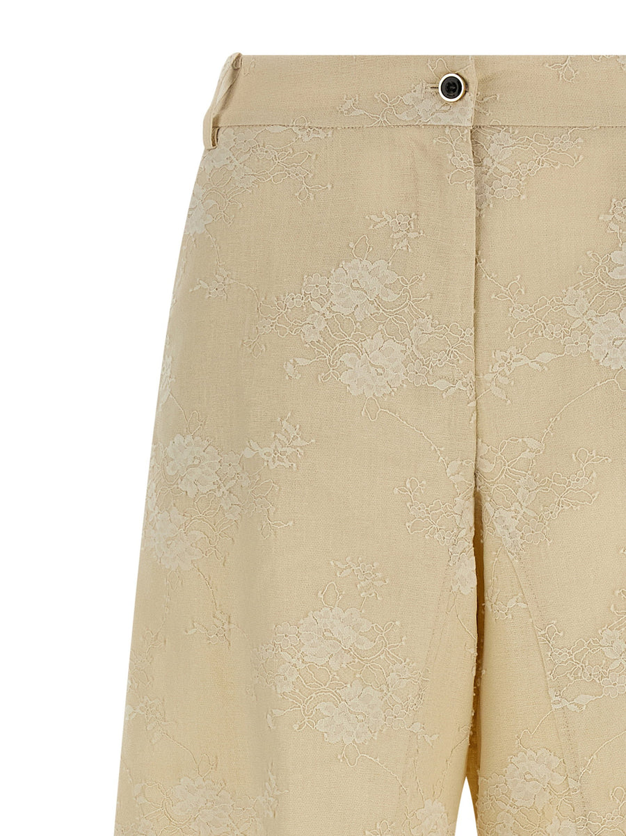 Pinko Ivy Linen Pants For Women Beige 100 Percent Linen With Overlapping Lace Panel Detail For Resort Chic