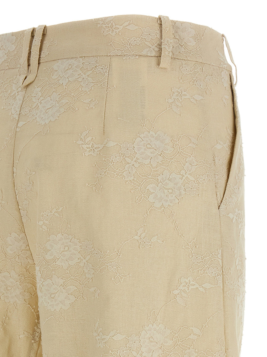 Pinko Ivy Linen Pants For Women Beige 100 Percent Linen With Overlapping Lace Panel Detail For Resort Chic